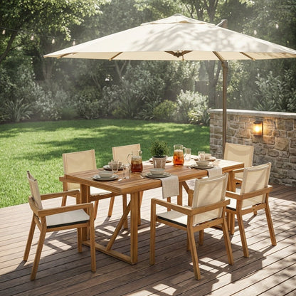7 Pieces Acacia Wood Outdoor Dining Set s,Modern 6 Chairs 1 Large Table, Dining Furniture Set for Lawn, Backyard, Garden Deck,Poolside,Beige - 1st Choice Furniture Direct