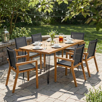 7 Pieces Acacia Wood Outdoor Dining Set s,Modern 6 Chairs 1 Large Table, Dining Furniture Set for Lawn, Backyard, Garden Deck,Poolside,Teak - 1st Choice Furniture Direct