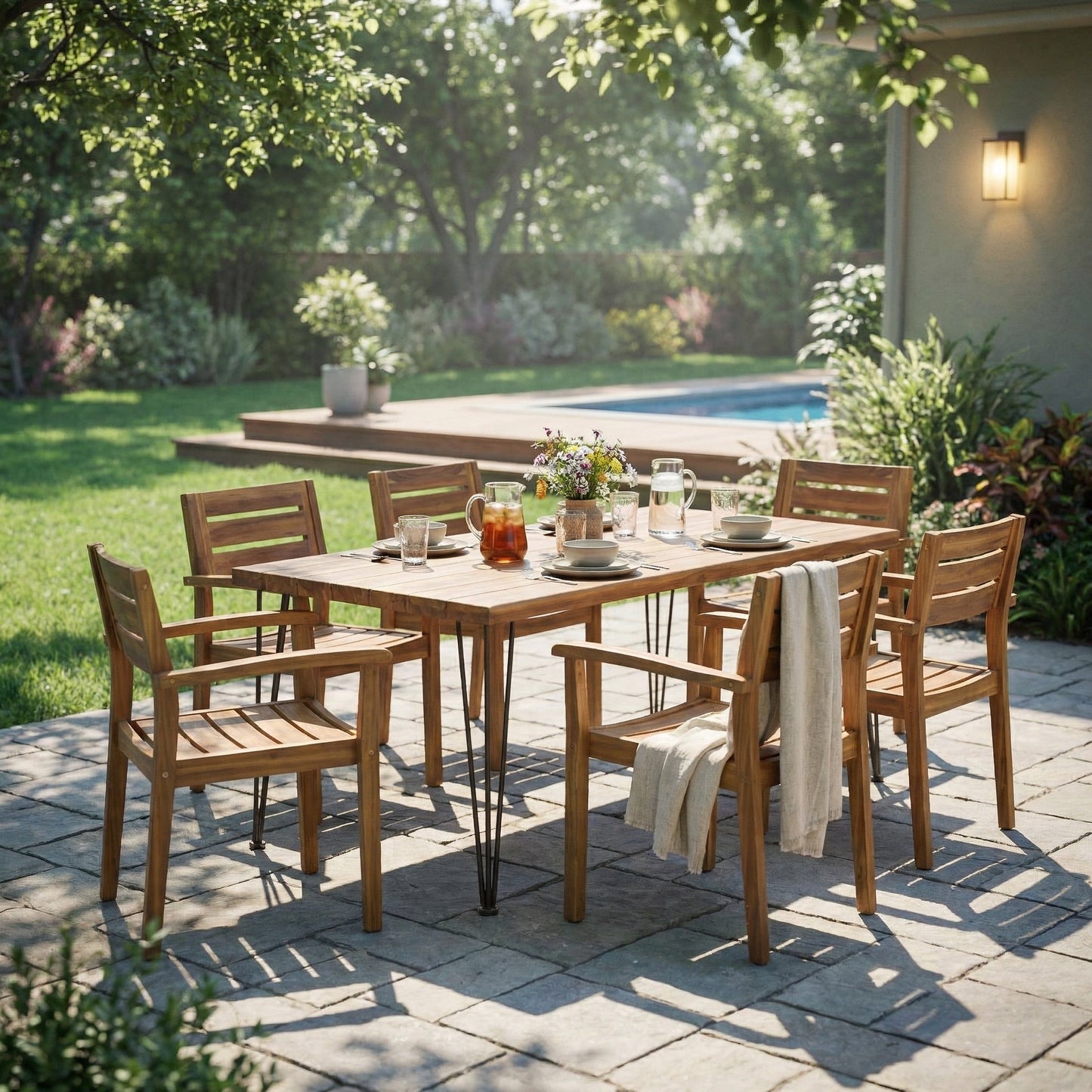 7 Pieces Acacia Wood Outdoor Dining Set s,Modern 6 Chairs 1 Large Table,Dining Furniture Set for Lawn, Backyard, Garden Deck,Poolside,Teak - 1st Choice Furniture Direct