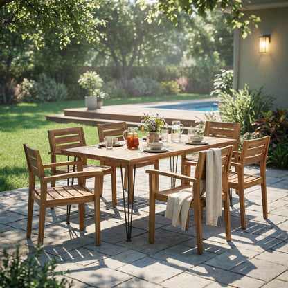 7 Pieces Acacia Wood Outdoor Dining Set s,Modern 6 Chairs 1 Large Table,Dining Furniture Set for Lawn, Backyard, Garden Deck,Poolside,Teak - 1st Choice Furniture Direct