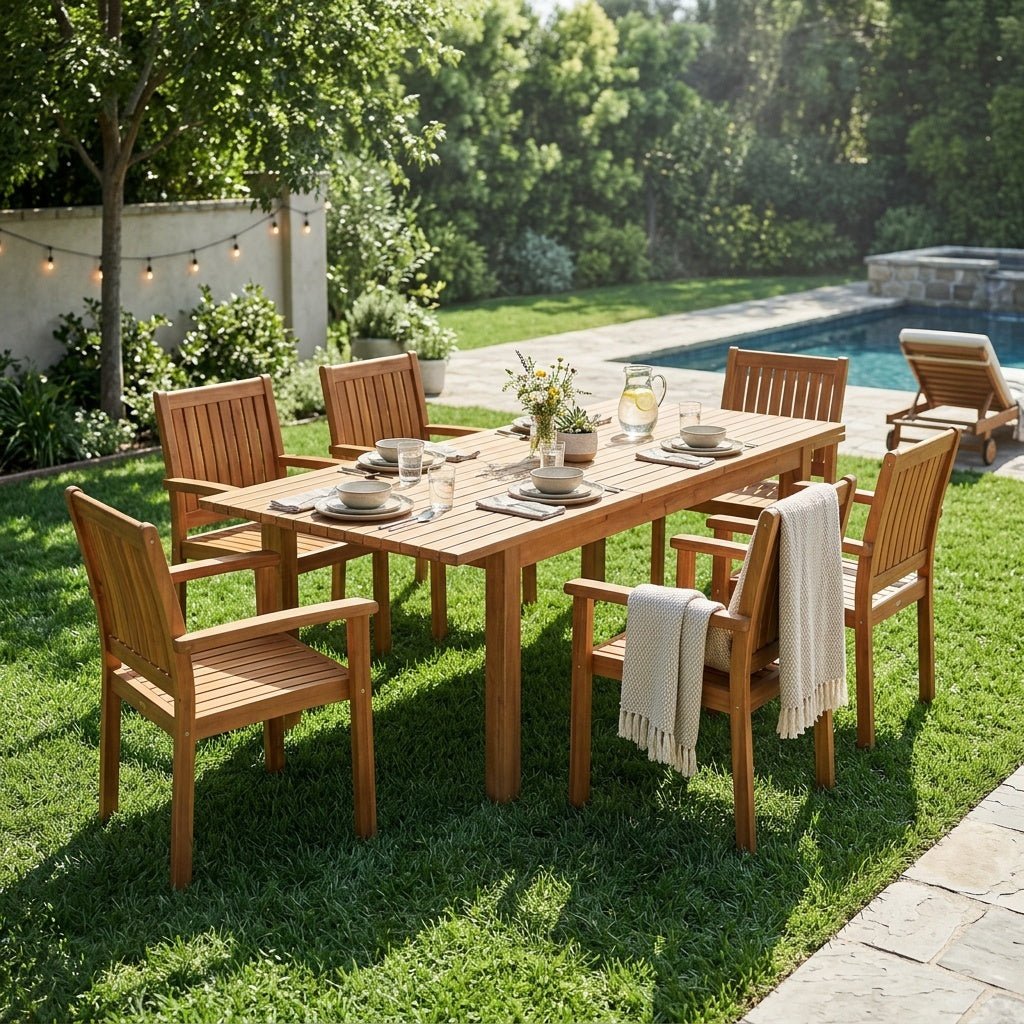 7 Pieces Acacia Wood Outdoor Dining Set s,Modern 6 Chairs 1 Large Table,Dining Furniture Set for Lawn, Backyard, Garden Deck,Poolside,Teak - 1st Choice Furniture Direct