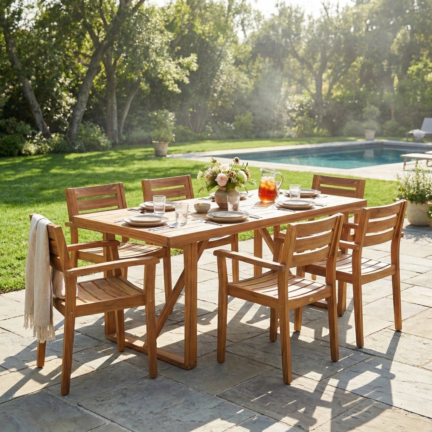 7 Pieces Acacia Wood Outdoor Dining Set s,Modern 6 Chairs 1 Large Table,Dining Furniture Set for Lawn, Backyard, Garden Deck,Poolside,Teak - 1st Choice Furniture Direct