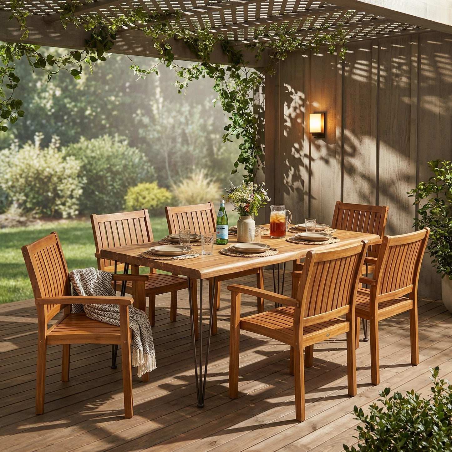 7 Pieces Acacia Wood Outdoor Dining Set s,Modern 6 Chairs 1 Large Table,Dining Furniture Set for Lawn, Backyard, Garden Deck,Poolside,Teak - 1st Choice Furniture Direct