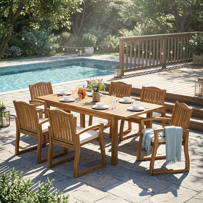 7 Pieces Acacia Wood Outdoor Dining Set with Cream Cushions,Modern 6 Chairs 1 Large Table,Dining Furniture Set for Lawn, Backyard, Garden Deck,Poolside,Teak - 1st Choice Furniture Direct