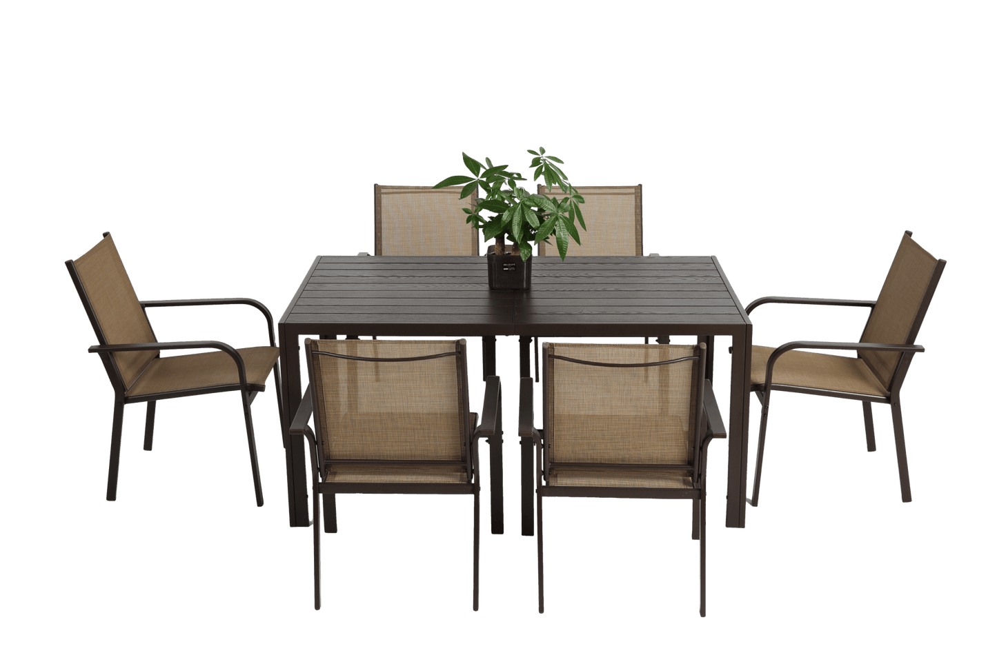 7 Pieces Patio Dining Set, Outdoor Furniture Table and 6 Textilene Chairs, Outdoor Furniture with Rectangular Table and 6 Stackable Chairs Family Conversation Set for Garden Backyard Deck - Brown - 1st Choice Furniture Direct
