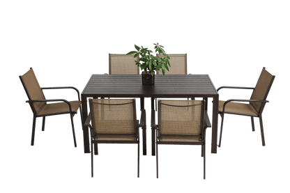 7 Pieces Patio Dining Set, Outdoor Furniture Table and 6 Textilene Chairs, Outdoor Furniture with Rectangular Table and 6 Stackable Chairs Family Conversation Set for Garden Backyard Deck - Brown - 1st Choice Furniture Direct
