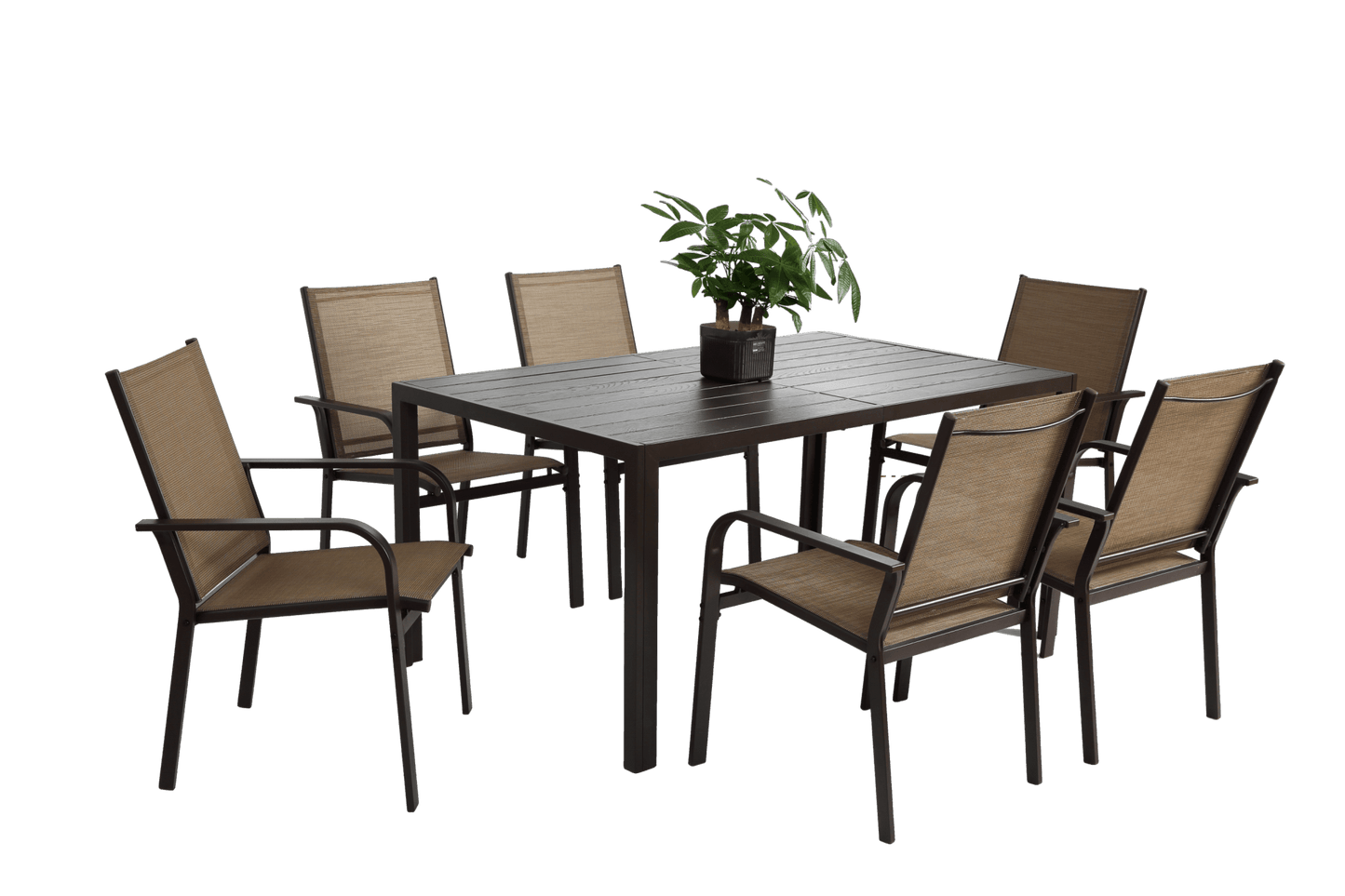 7 Pieces Patio Dining Set, Outdoor Furniture Table and 6 Textilene Chairs, Outdoor Furniture with Rectangular Table and 6 Stackable Chairs Family Conversation Set for Garden Backyard Deck - Brown - 1st Choice Furniture Direct