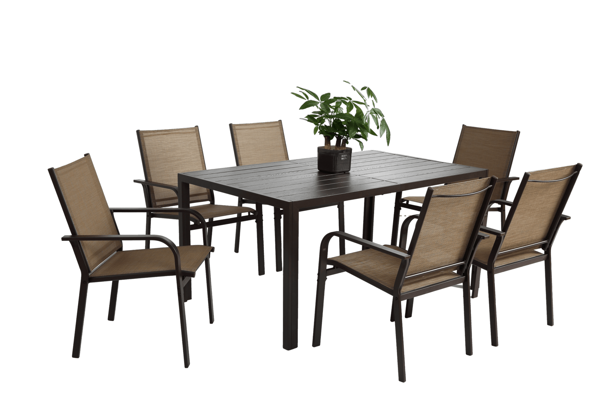 7 Pieces Patio Dining Set, Outdoor Furniture Table and 6 Textilene Chairs, Outdoor Furniture with Rectangular Table and 6 Stackable Chairs Family Conversation Set for Garden Backyard Deck - Brown - 1st Choice Furniture Direct