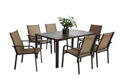 7 Pieces Patio Dining Set, Outdoor Furniture Table and 6 Textilene Chairs, Outdoor Furniture with Rectangular Table and 6 Stackable Chairs Family Conversation Set for Garden Backyard Deck - Brown - 1st Choice Furniture Direct