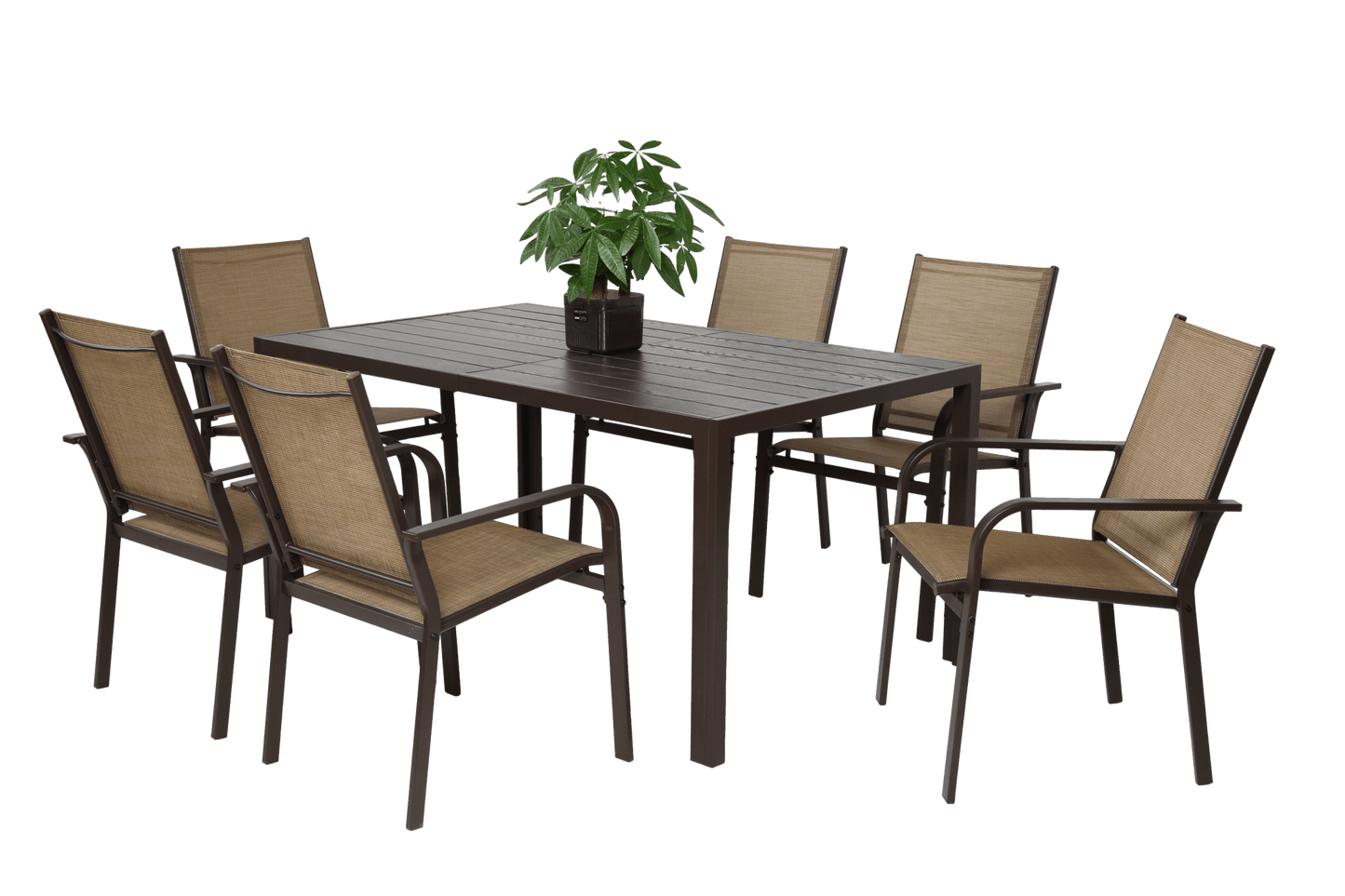 7 Pieces Patio Dining Set, Outdoor Furniture Table and 6 Textilene Chairs, Outdoor Furniture with Rectangular Table and 6 Stackable Chairs Family Conversation Set for Garden Backyard Deck - Brown - 1st Choice Furniture Direct