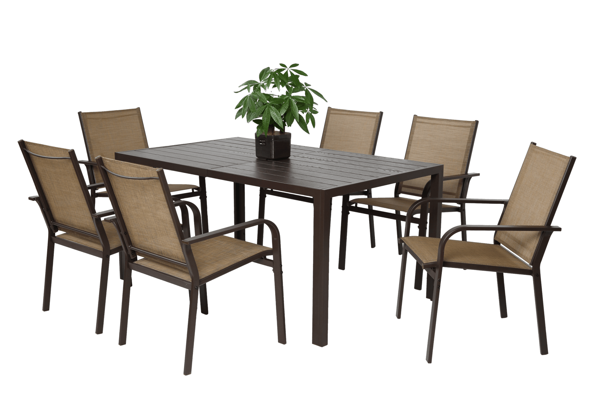 7 Pieces Patio Dining Set, Outdoor Furniture Table and 6 Textilene Chairs, Outdoor Furniture with Rectangular Table and 6 Stackable Chairs Family Conversation Set for Garden Backyard Deck - Brown - 1st Choice Furniture Direct