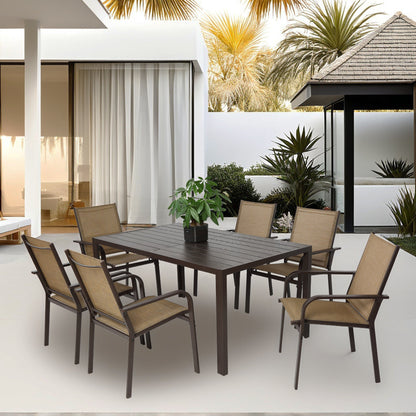 7 Pieces Patio Dining Set, Outdoor Furniture Table and 6 Textilene Chairs, Outdoor Furniture with Rectangular Table and 6 Stackable Chairs Family Conversation Set for Garden Backyard Deck - Brown - 1st Choice Furniture Direct
