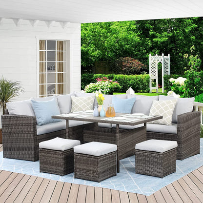 7 - Pieces PE Rattan Wicker Patio Dining Sectional Cusions Sofa Set with Grey cushions - 1st Choice Furniture Direct