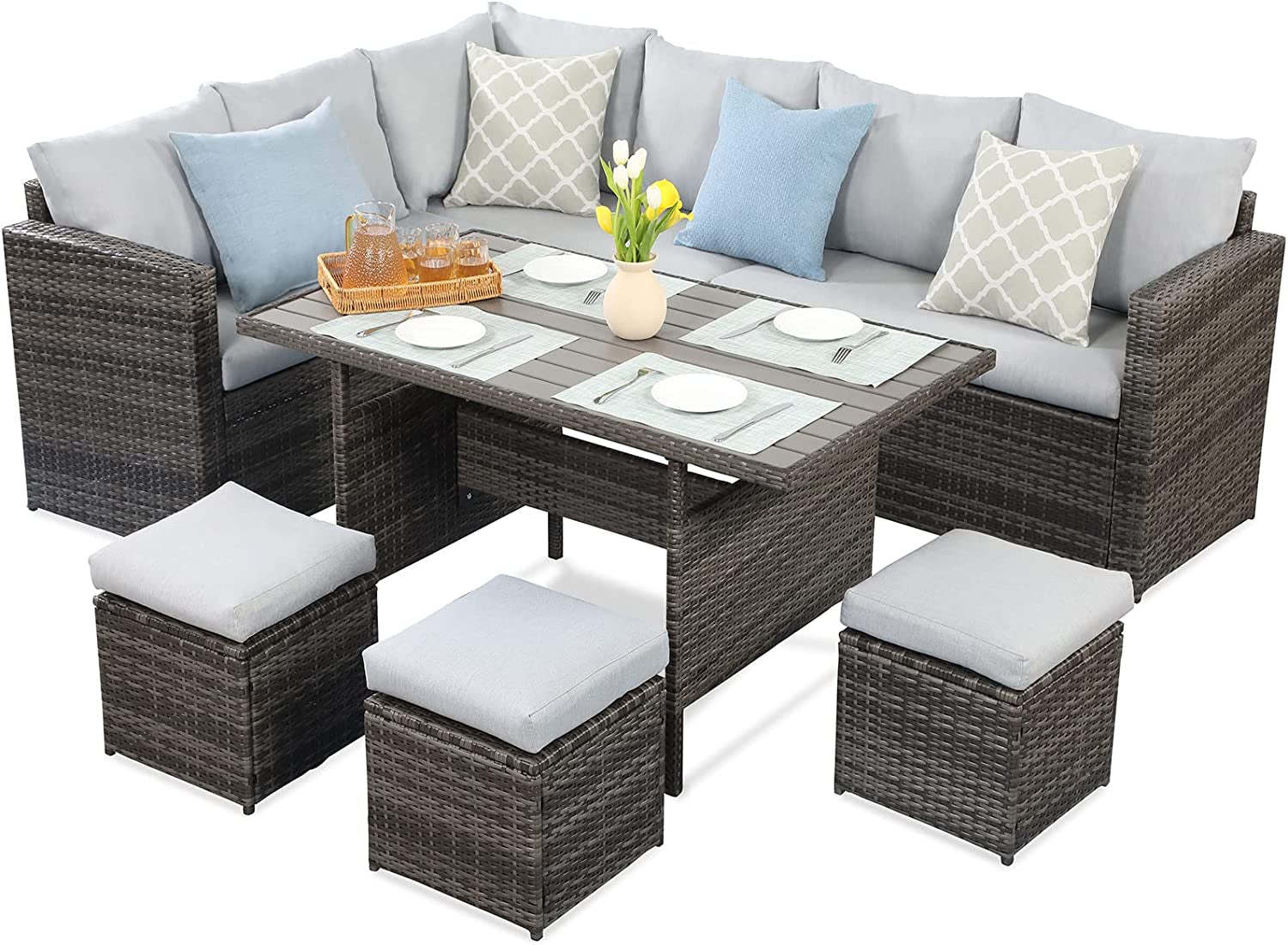 7 - Pieces PE Rattan Wicker Patio Dining Sectional Cusions Sofa Set with Grey cushions - 1st Choice Furniture Direct