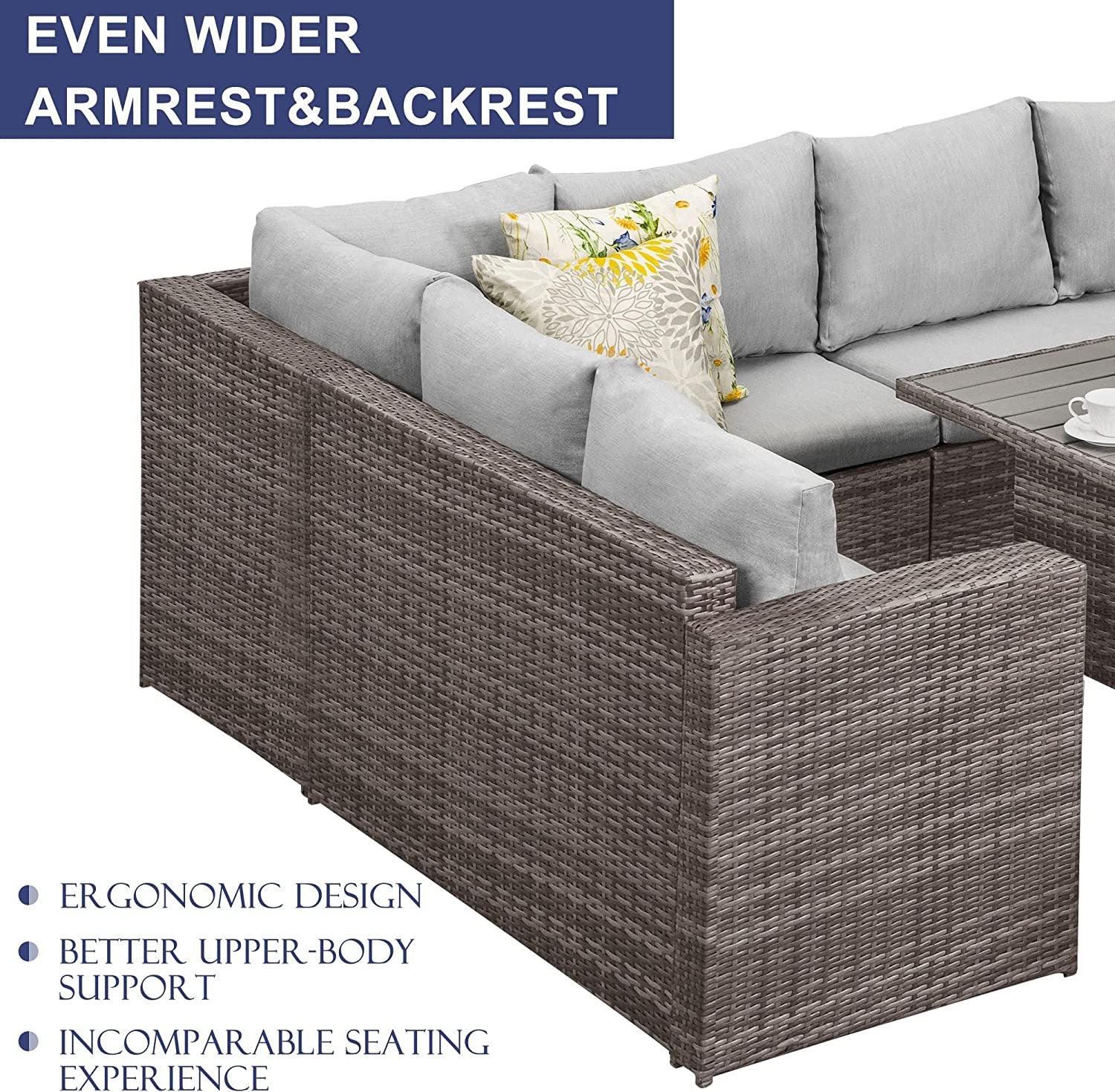 7 - Pieces PE Rattan Wicker Patio Dining Sectional Cusions Sofa Set with Grey cushions - 1st Choice Furniture Direct