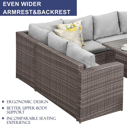 7 - Pieces PE Rattan Wicker Patio Dining Sectional Cusions Sofa Set with Grey cushions - 1st Choice Furniture Direct