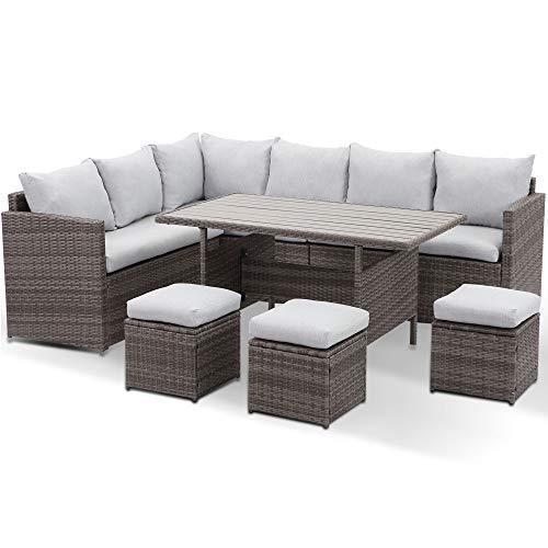 7 - Pieces PE Rattan Wicker Patio Dining Sectional Cusions Sofa Set with Grey cushions - 1st Choice Furniture Direct