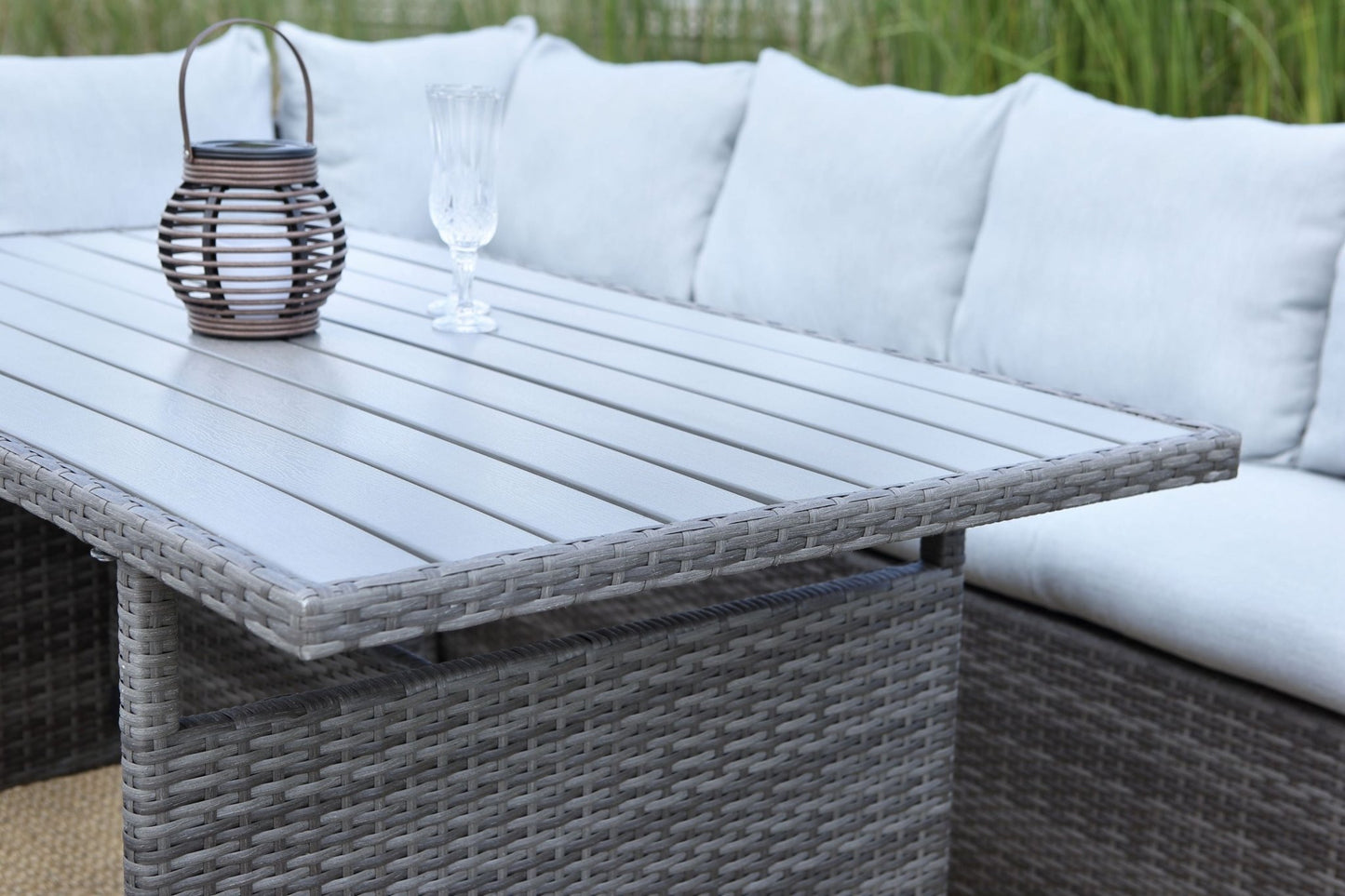 7 - Pieces PE Rattan Wicker Patio Dining Sectional Cusions Sofa Set with Grey cushions - 1st Choice Furniture Direct