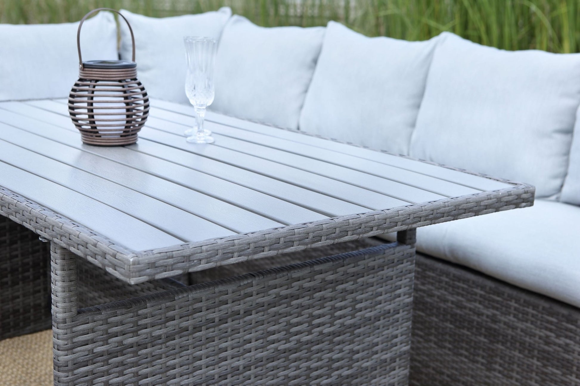 7 - Pieces PE Rattan Wicker Patio Dining Sectional Cusions Sofa Set with Grey cushions - 1st Choice Furniture Direct