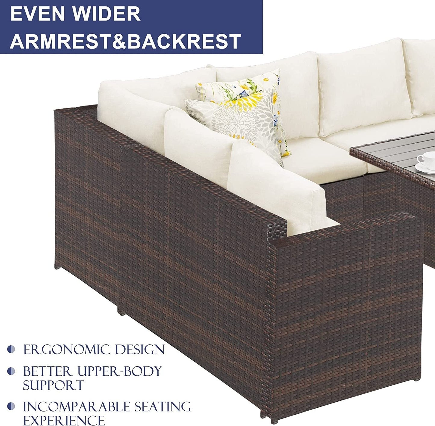 7 - Pieces PE Rattan Wicker Patio Dining Sectional Cusions Sofa Set with Ivory cushions - 1st Choice Furniture Direct