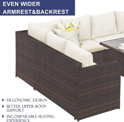 7 - Pieces PE Rattan Wicker Patio Dining Sectional Cusions Sofa Set with Ivory cushions - 1st Choice Furniture Direct
