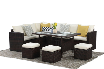 7 - Pieces PE Rattan Wicker Patio Dining Sectional Cusions Sofa Set with Ivory cushions - 1st Choice Furniture Direct