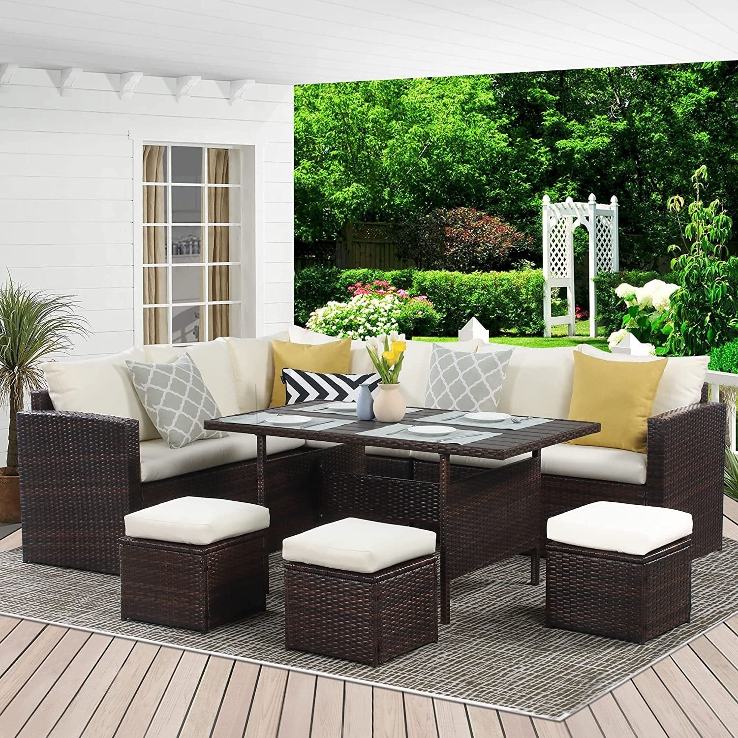 7 - Pieces PE Rattan Wicker Patio Dining Sectional Cusions Sofa Set with Ivory cushions - 1st Choice Furniture Direct