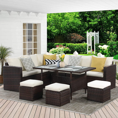 7 - Pieces PE Rattan Wicker Patio Dining Sectional Cusions Sofa Set with Ivory cushions - 1st Choice Furniture Direct