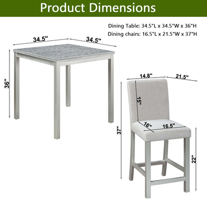 5 Piece Counter Height Table Set, Wooden Kitchen Table Set with Square Table and 4 Upholstered Chairs, Counter Height Dining Table with Crystal Decoration and Chair Set for Kitchen, Dining Room,Gray