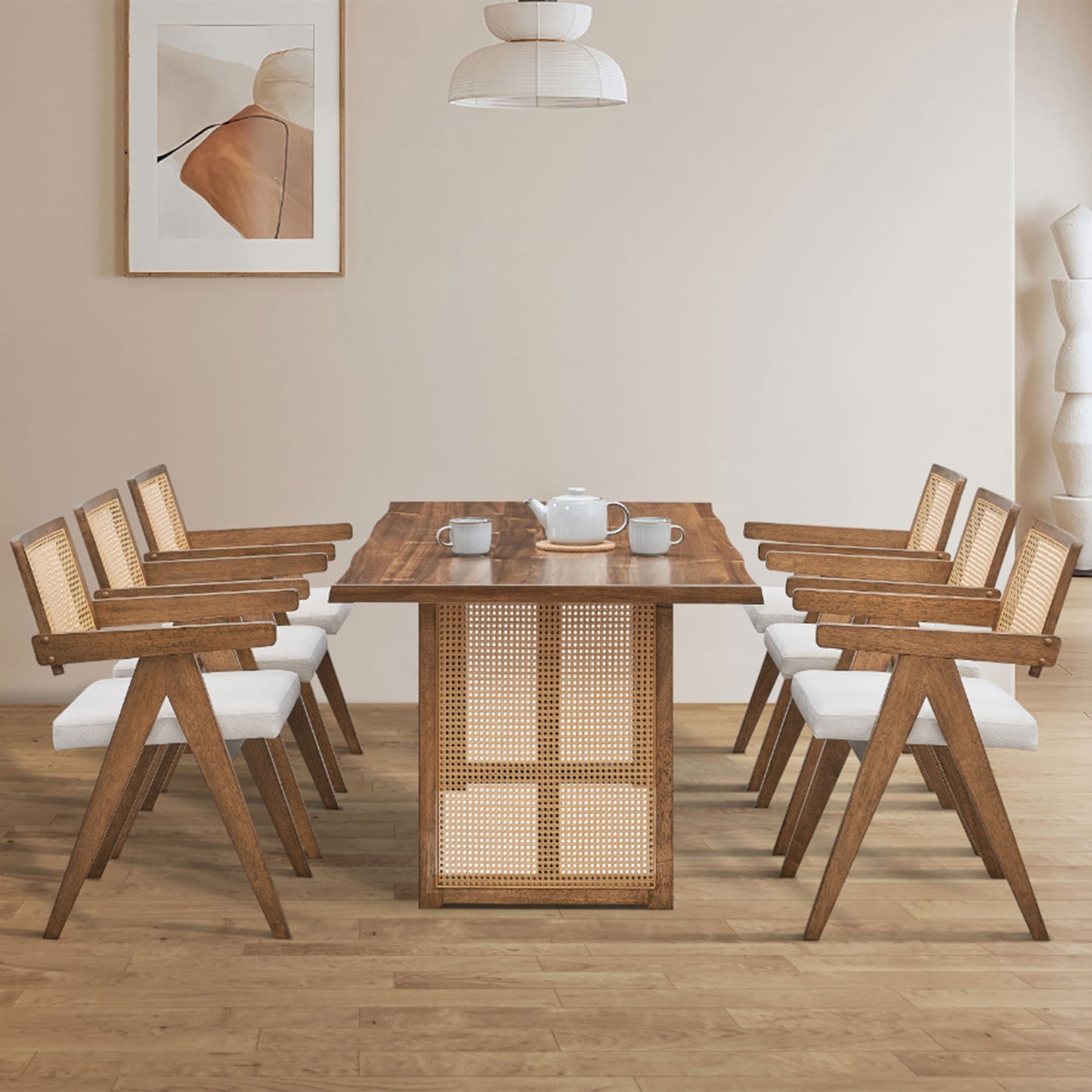70.87 Inch Rectangular Waves Dining Table,Wooden Dining Table for 6 Persons,Mid Century Modern Large Kitchen Table for Living Room,Bohemian Dining Table with Rattan Weave for Restaurant,Office,OAK - 1st Choice Furniture Direct