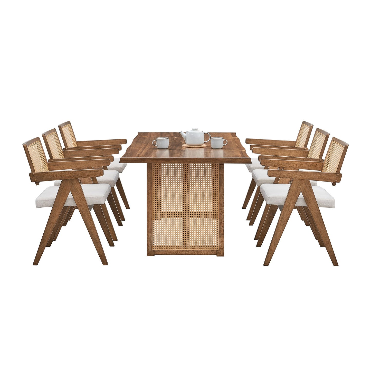 70.87 Inch Rectangular Waves Dining Table,Wooden Dining Table for 6 Persons,Mid Century Modern Large Kitchen Table for Living Room,Bohemian Dining Table with Rattan Weave for Restaurant,Office,OAK - 1st Choice Furniture Direct