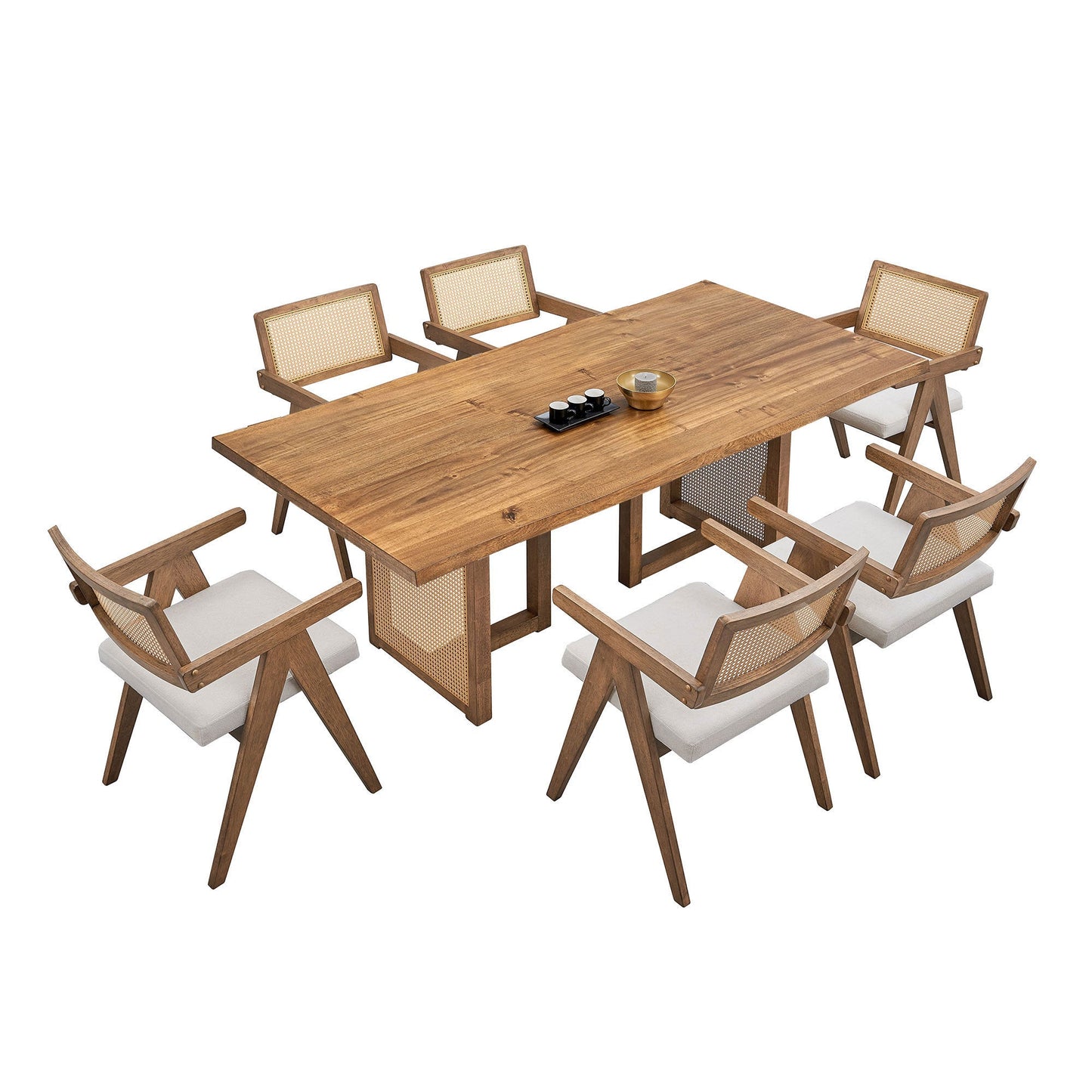 70.87 Inch Rectangular Waves Dining Table,Wooden Dining Table for 6 Persons,Mid Century Modern Large Kitchen Table for Living Room,Bohemian Dining Table with Rattan Weave for Restaurant,Office,OAK - 1st Choice Furniture Direct