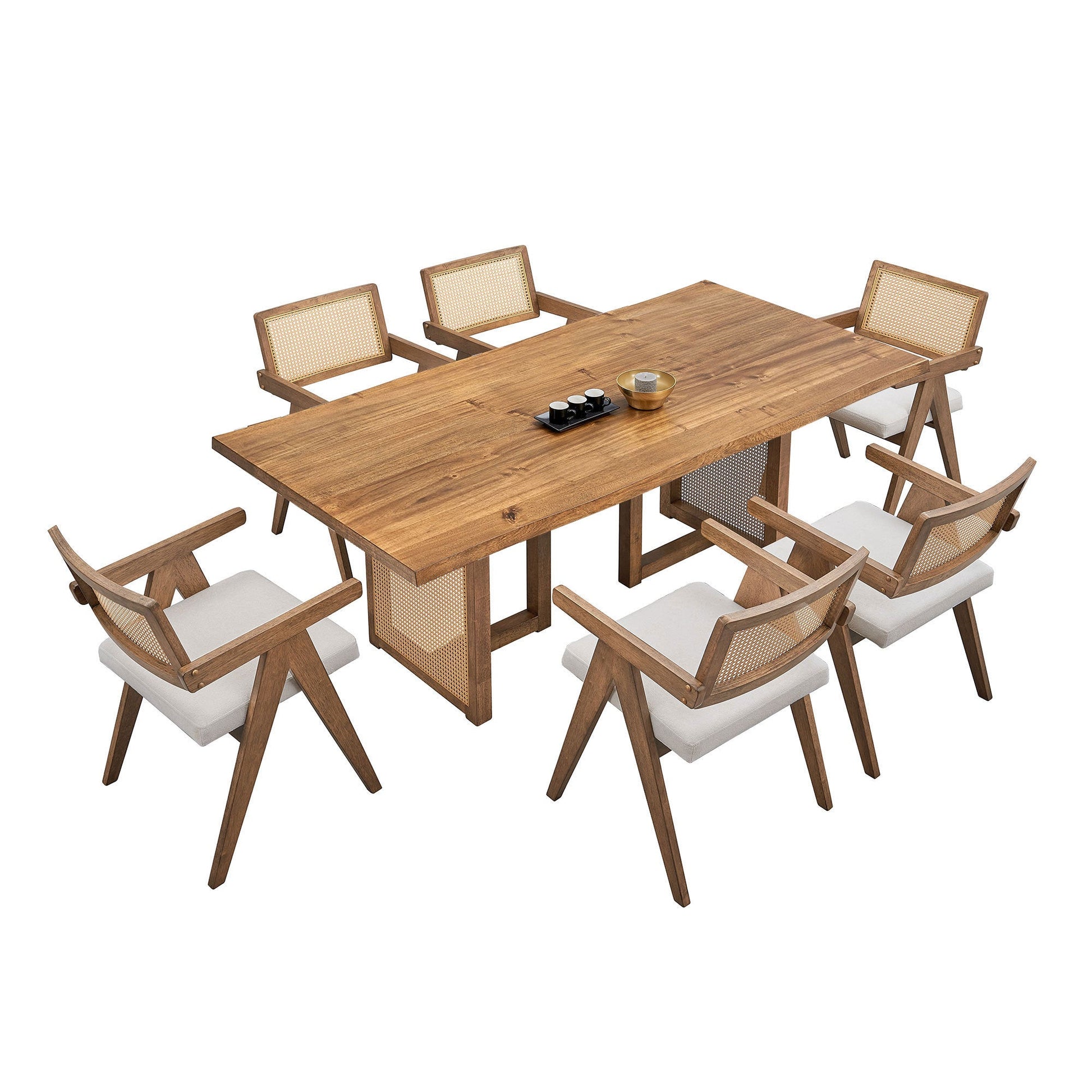 70.87 Inch Rectangular Waves Dining Table,Wooden Dining Table for 6 Persons,Mid Century Modern Large Kitchen Table for Living Room,Bohemian Dining Table with Rattan Weave for Restaurant,Office,OAK - 1st Choice Furniture Direct