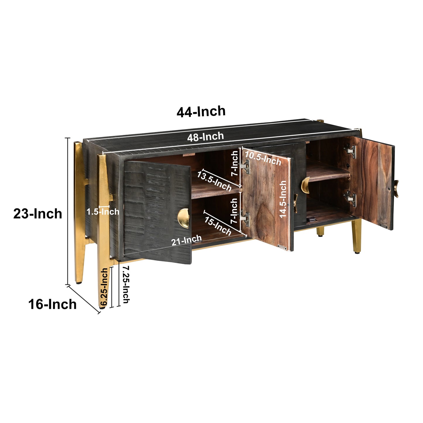 Tali 48 Inch Accent Sideboard Buffet Cabinet, 2 Doors with Gold Round Handles, Saw Marked, Charcoal Gray Acacia Wood