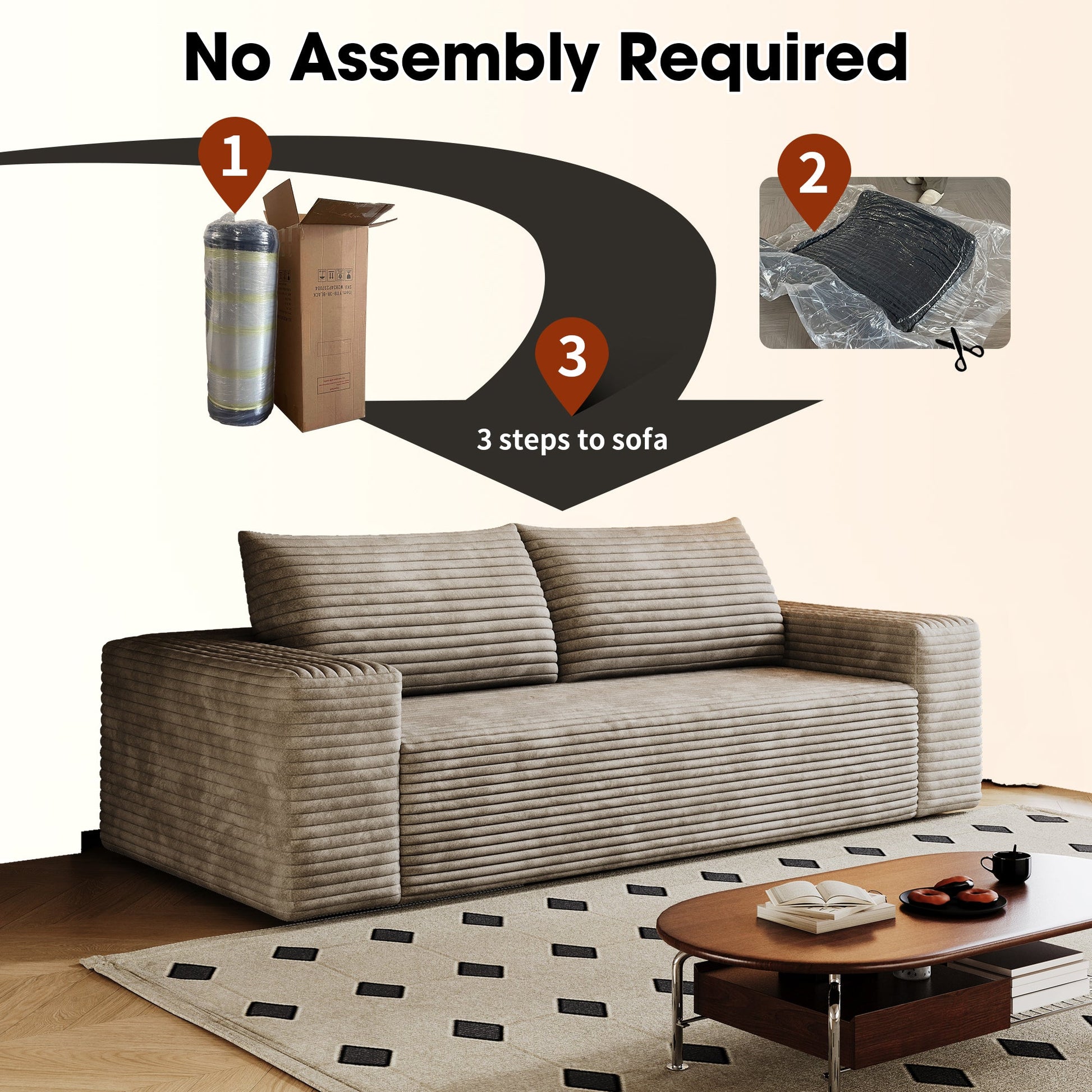 71' 3Setaser Sofa,Corduroy Fabric,Deep Seat Couches,Comfy Loveseat Sofa,No Assembly,1pcs for Living room, Bedroom,Conference room ,Apartment,Camel - 1st Choice Furniture Direct