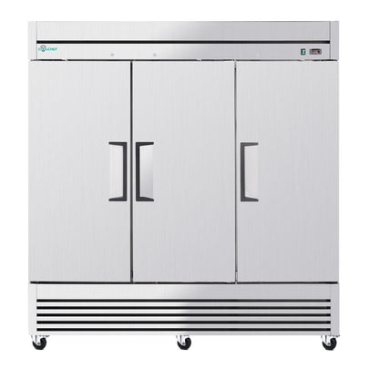 72' Cu Ft Commercial Reach-In Freezer, 3 Solid Door Stainless Steel Upright, -8–0°F Deep Freeze, 9 Heavy-Duty Shelves, R290, 110V - 1st Choice Furniture Direct