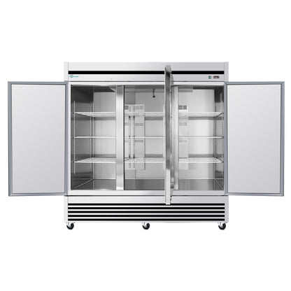 72' Cu Ft Commercial Reach-In Freezer, 3 Solid Door Stainless Steel Upright, -8–0°F Deep Freeze, 9 Heavy-Duty Shelves, R290, 110V - 1st Choice Furniture Direct
