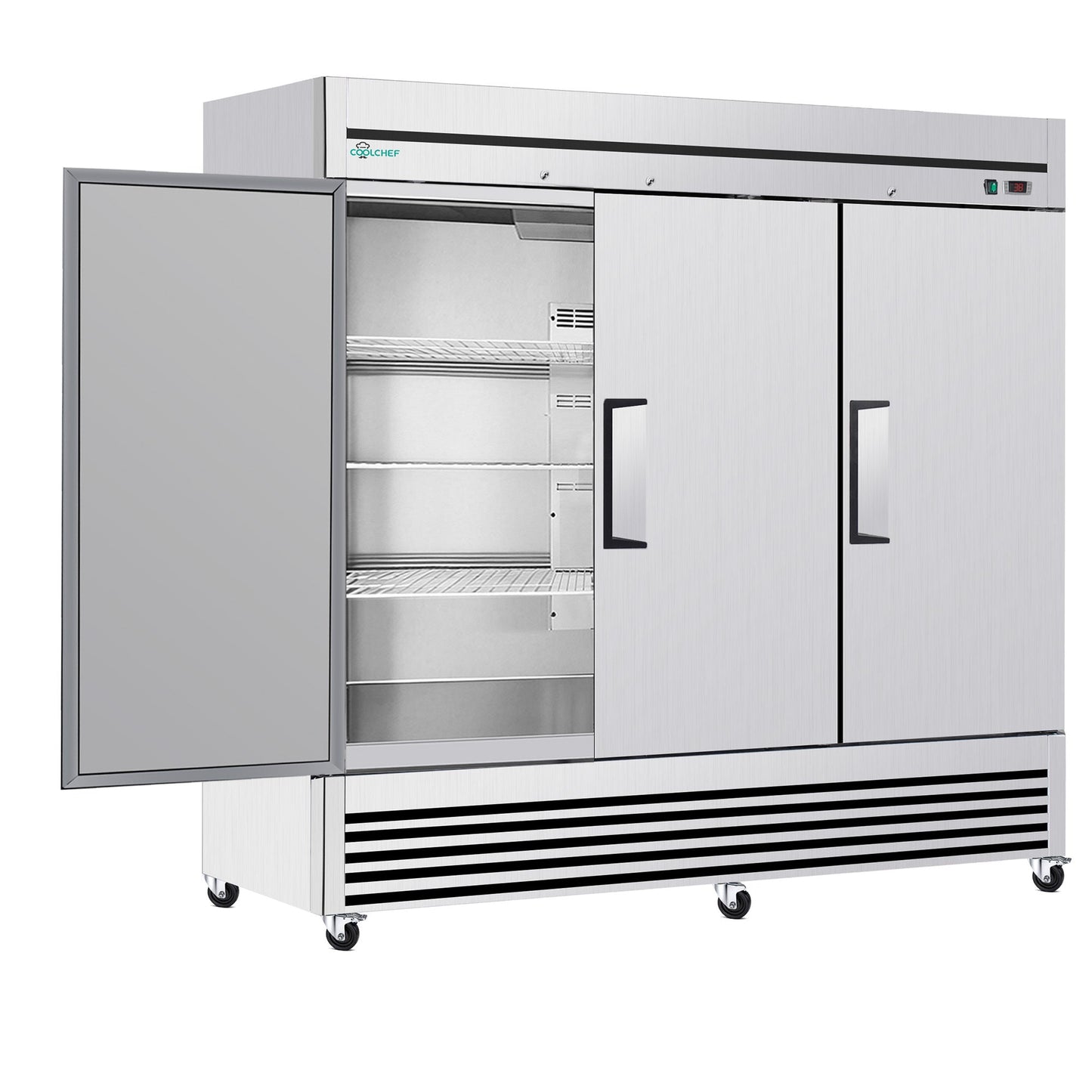72' Cu Ft Commercial Reach-In Freezer, 3 Solid Door Stainless Steel Upright, -8–0°F Deep Freeze, 9 Heavy-Duty Shelves, R290, 110V - 1st Choice Furniture Direct