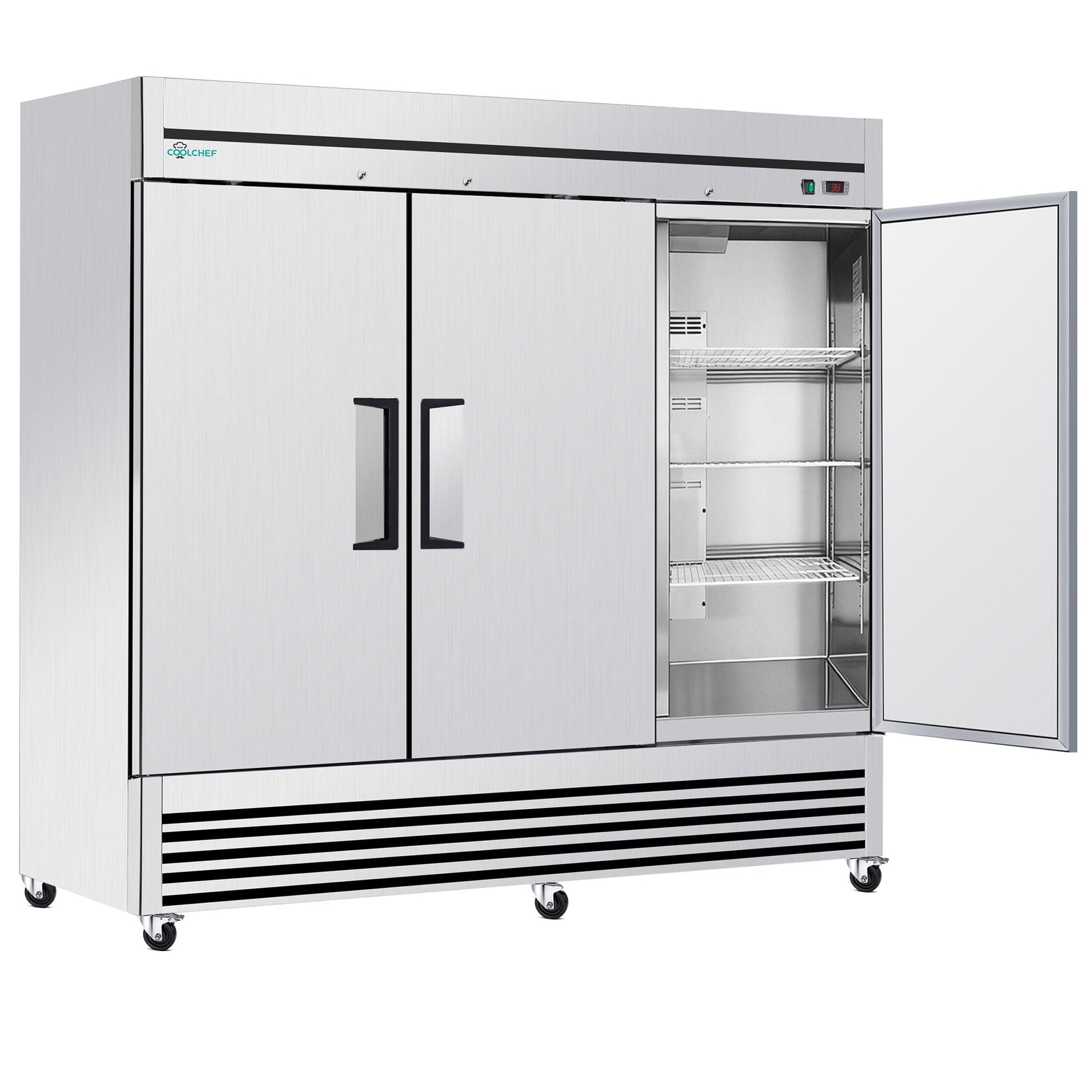 72' Cu Ft Commercial Reach-In Freezer, 3 Solid Door Stainless Steel Upright, -8–0°F Deep Freeze, 9 Heavy-Duty Shelves, R290, 110V - 1st Choice Furniture Direct
