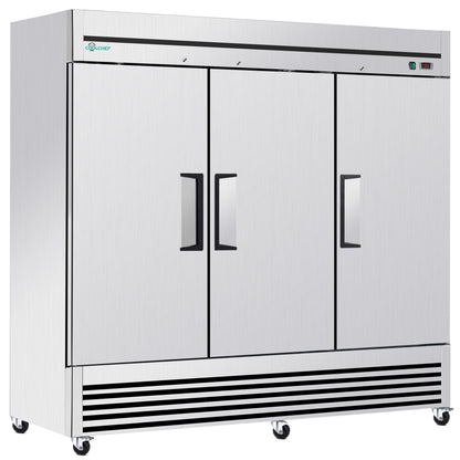 72' Cu Ft Commercial Reach-In Freezer, 3 Solid Door Stainless Steel Upright, -8–0°F Deep Freeze, 9 Heavy-Duty Shelves, R290, 110V - 1st Choice Furniture Direct