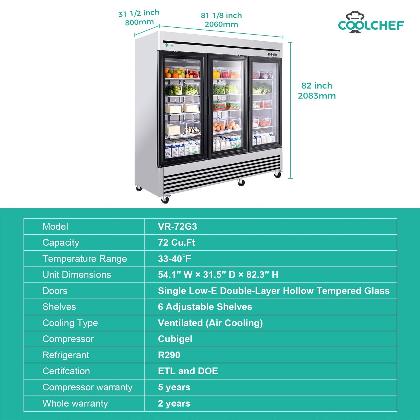72' Cu Ft Three Glass Door Commercial Reach-In Display Refrigerator, Triple-Door Merchandiser Cooler 33–40°F, Stainless Steel, R290, ETL DOE - 1st Choice Furniture Direct