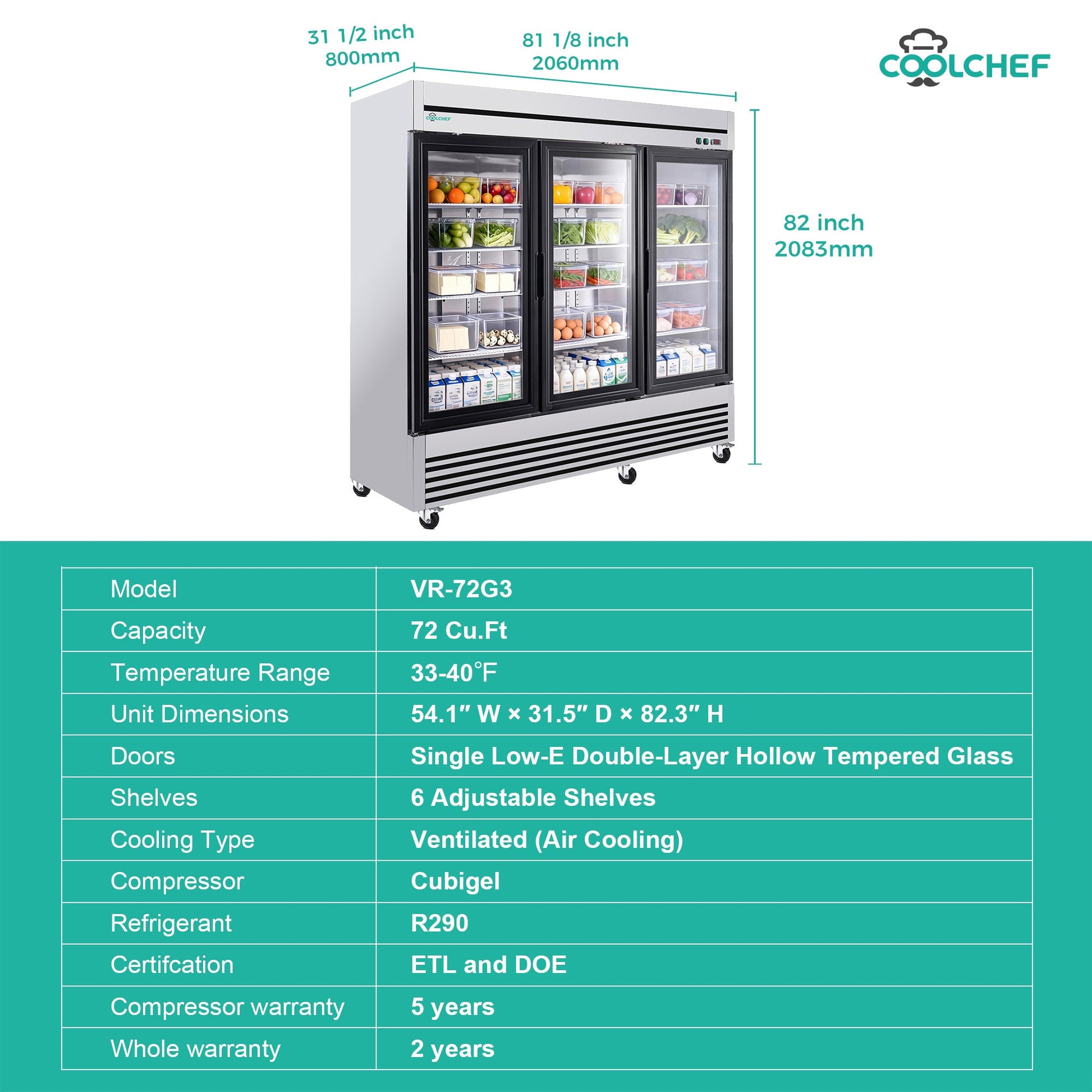 72' Cu Ft Three Glass Door Commercial Reach-In Display Refrigerator, Triple-Door Merchandiser Cooler 33–40°F, Stainless Steel, R290, ETL DOE - 1st Choice Furniture Direct