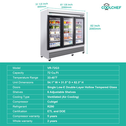 72' Cu Ft Three Glass Door Commercial Reach-In Display Refrigerator, Triple-Door Merchandiser Cooler 33–40°F, Stainless Steel, R290, ETL DOE - 1st Choice Furniture Direct