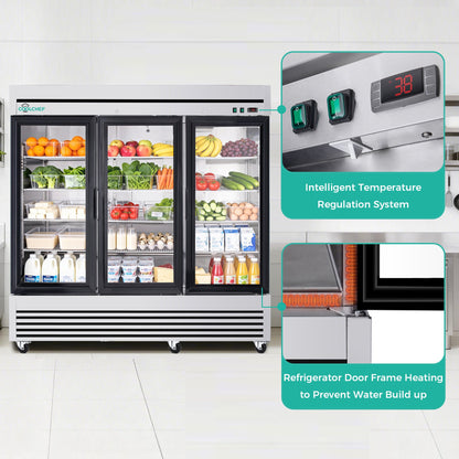 72' Cu Ft Three Glass Door Commercial Reach-In Display Refrigerator, Triple-Door Merchandiser Cooler 33–40°F, Stainless Steel, R290, ETL DOE - 1st Choice Furniture Direct