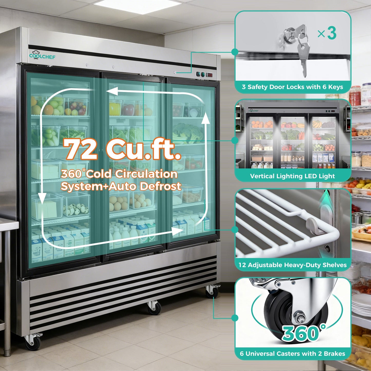 72' Cu Ft Three Glass Door Commercial Reach-In Display Refrigerator, Triple-Door Merchandiser Cooler 33–40°F, Stainless Steel, R290, ETL DOE - 1st Choice Furniture Direct