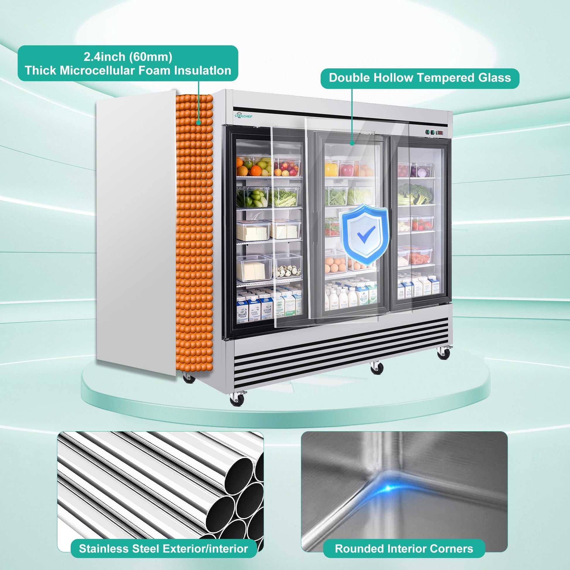 72' Cu Ft Three Glass Door Commercial Reach-In Display Refrigerator, Triple-Door Merchandiser Cooler 33–40°F, Stainless Steel, R290, ETL DOE - 1st Choice Furniture Direct