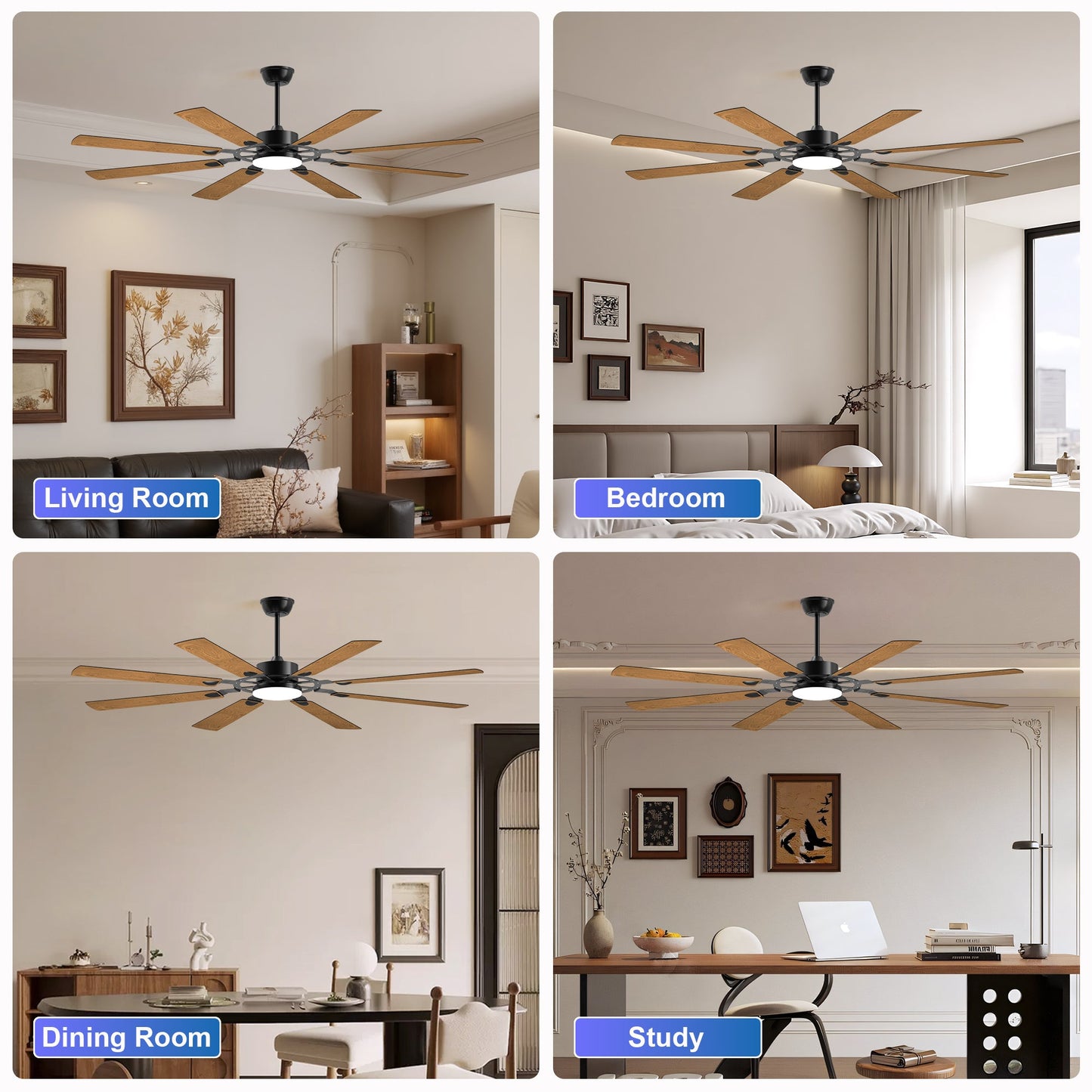 72 - Inch 8 - Blade Large Ceiling Fan,Reversible Quiet DC Motor,Indoor/Outdoor Modern Ceiling Fan,Suitable for Kitchen,Living Room and Terrace,Black. - 1st Choice Furniture Direct