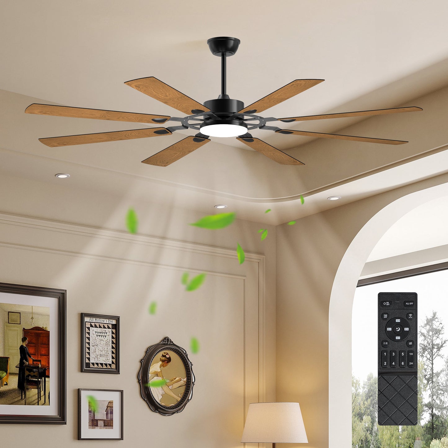 72 - Inch 8 - Blade Large Ceiling Fan,Reversible Quiet DC Motor,Indoor/Outdoor Modern Ceiling Fan,Suitable for Kitchen,Living Room and Terrace,Black. - 1st Choice Furniture Direct