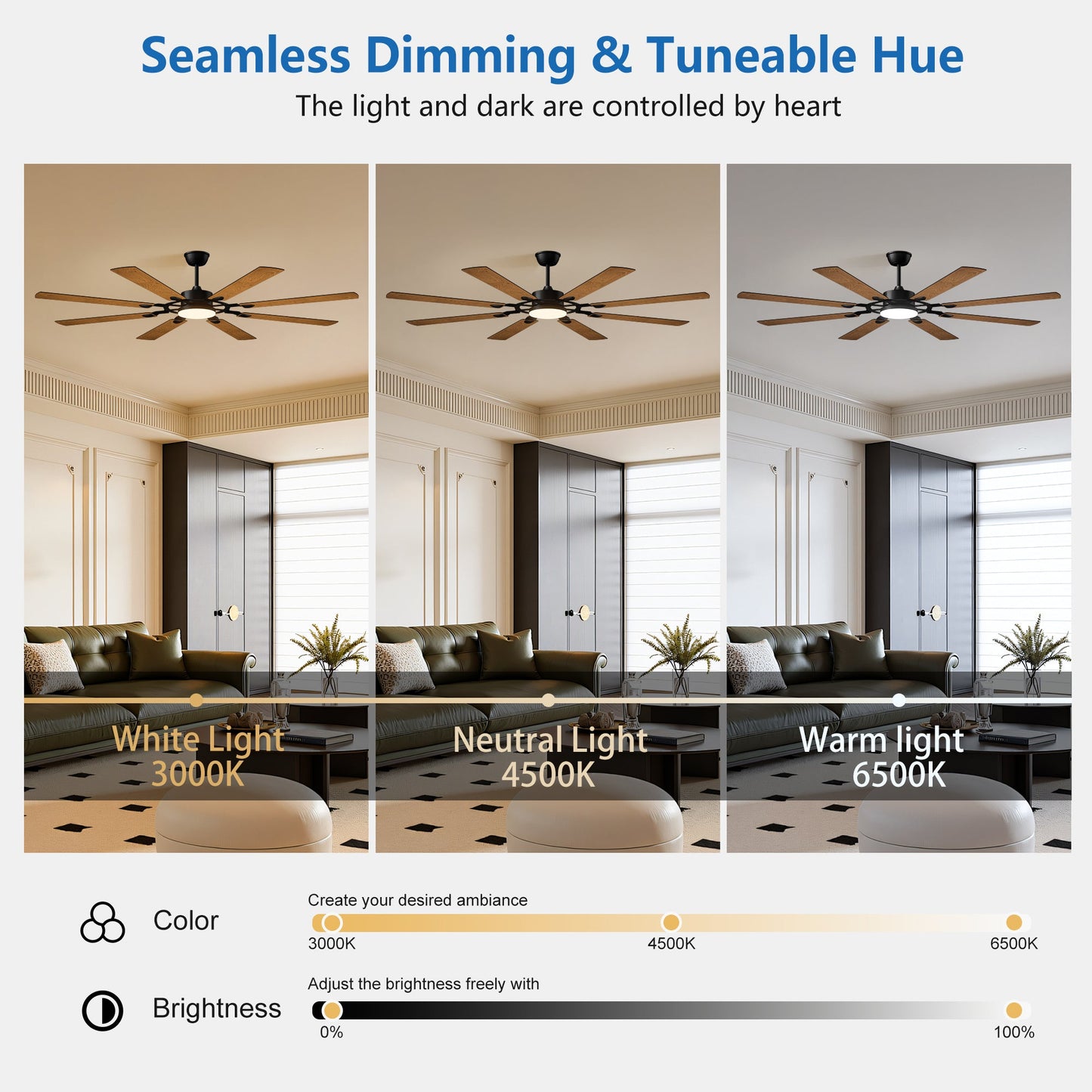 72 - Inch 8 - Blade Large Ceiling Fan,Reversible Quiet DC Motor,Indoor/Outdoor Modern Ceiling Fan,Suitable for Kitchen,Living Room and Terrace,Black. - 1st Choice Furniture Direct