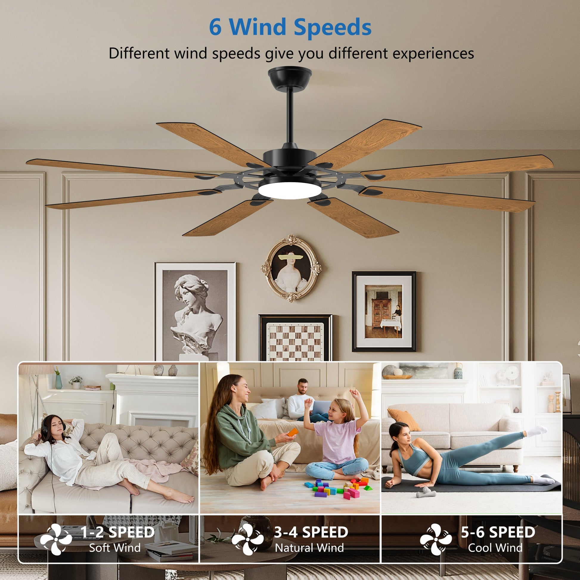 72 - Inch 8 - Blade Large Ceiling Fan,Reversible Quiet DC Motor,Indoor/Outdoor Modern Ceiling Fan,Suitable for Kitchen,Living Room and Terrace,Black. - 1st Choice Furniture Direct